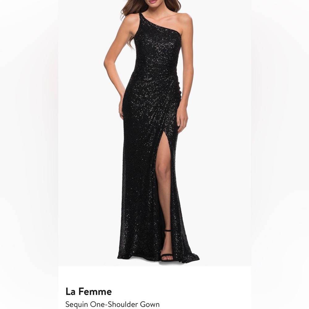 La Femme Sequin One-Shoulder Gown